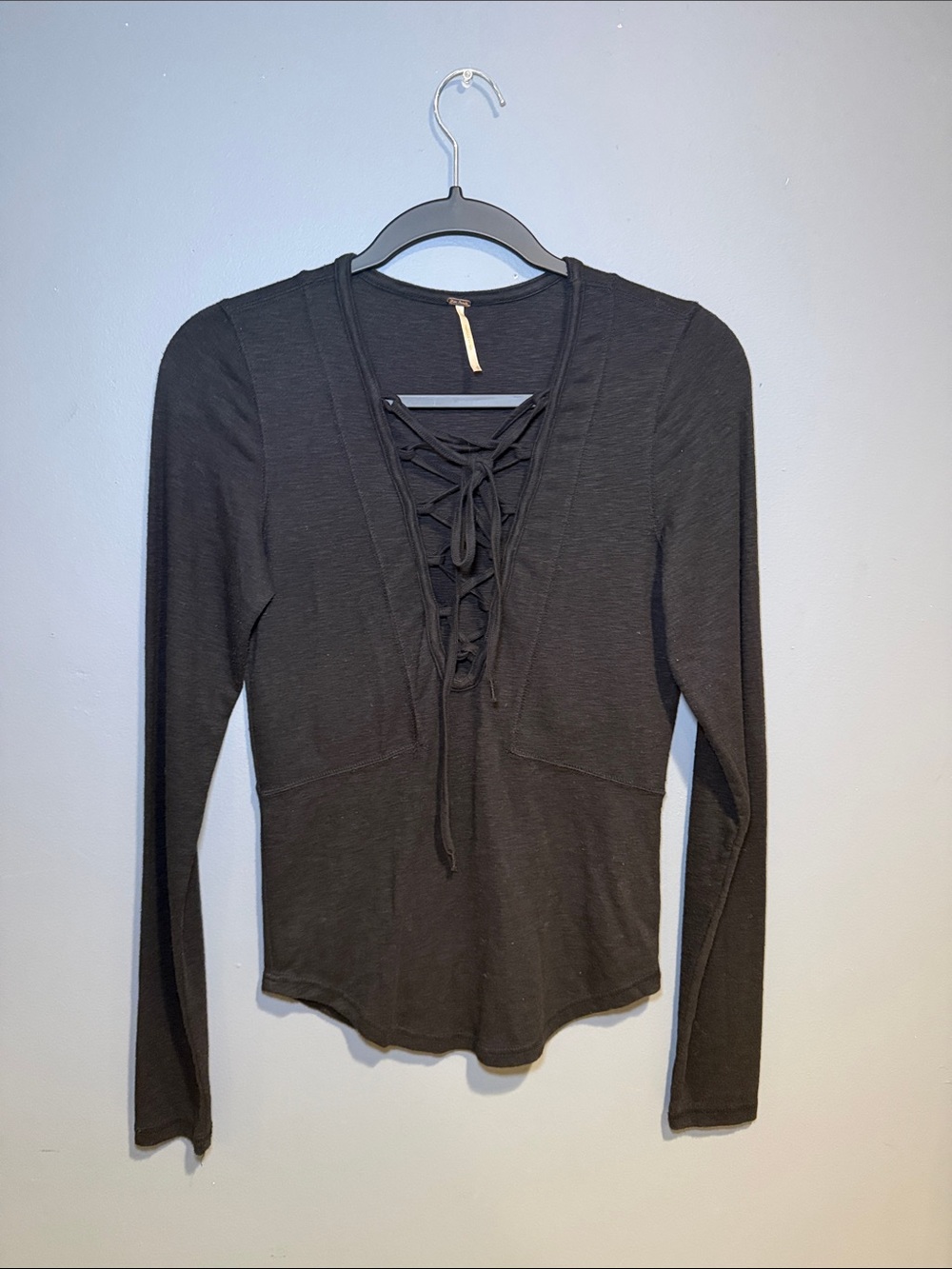 Long Sleeve Lace-Up V-Neck Women’s Top - Black